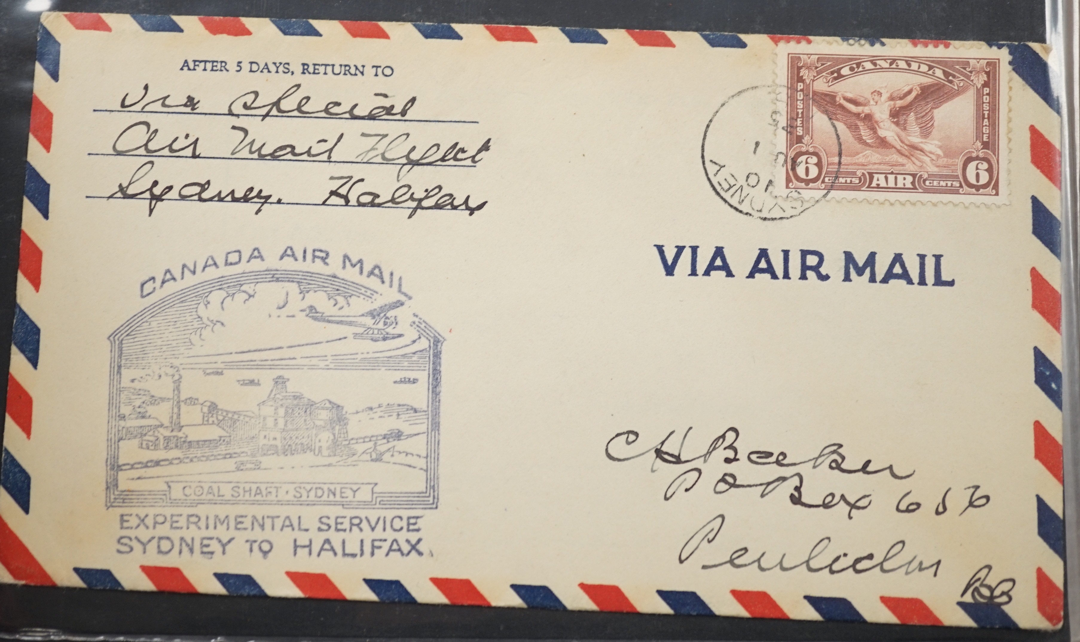 Postal covers in an album, plus loose with Gernsey 1825 scroll postmark, pre stamp 1930’s airmail covers, Canada, USA 1930 ’damaged in plane fire’ cancel